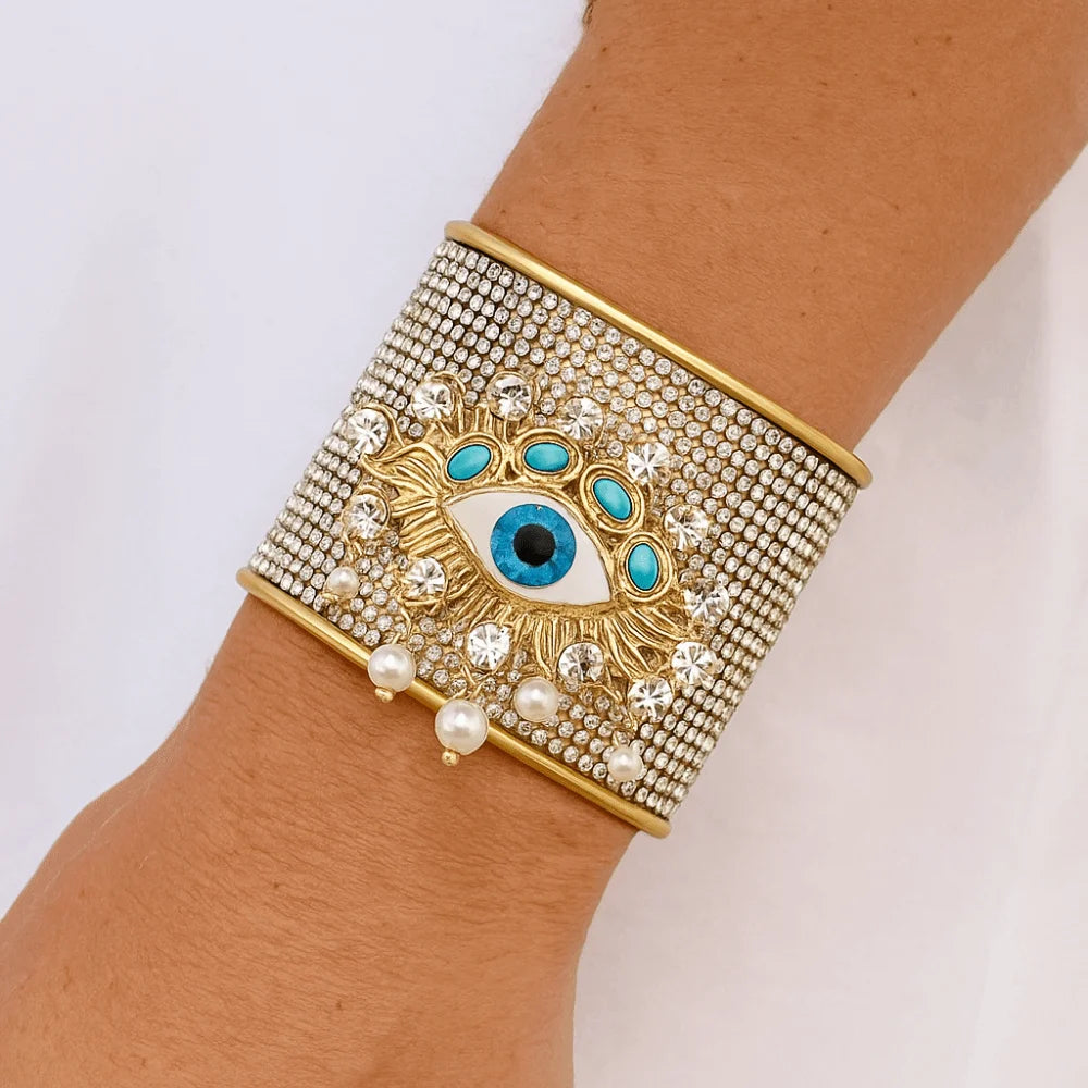Bracelet jonc large exagéré en métal, alliage, œil de démon vintage, style européen et américain, géométrique doré