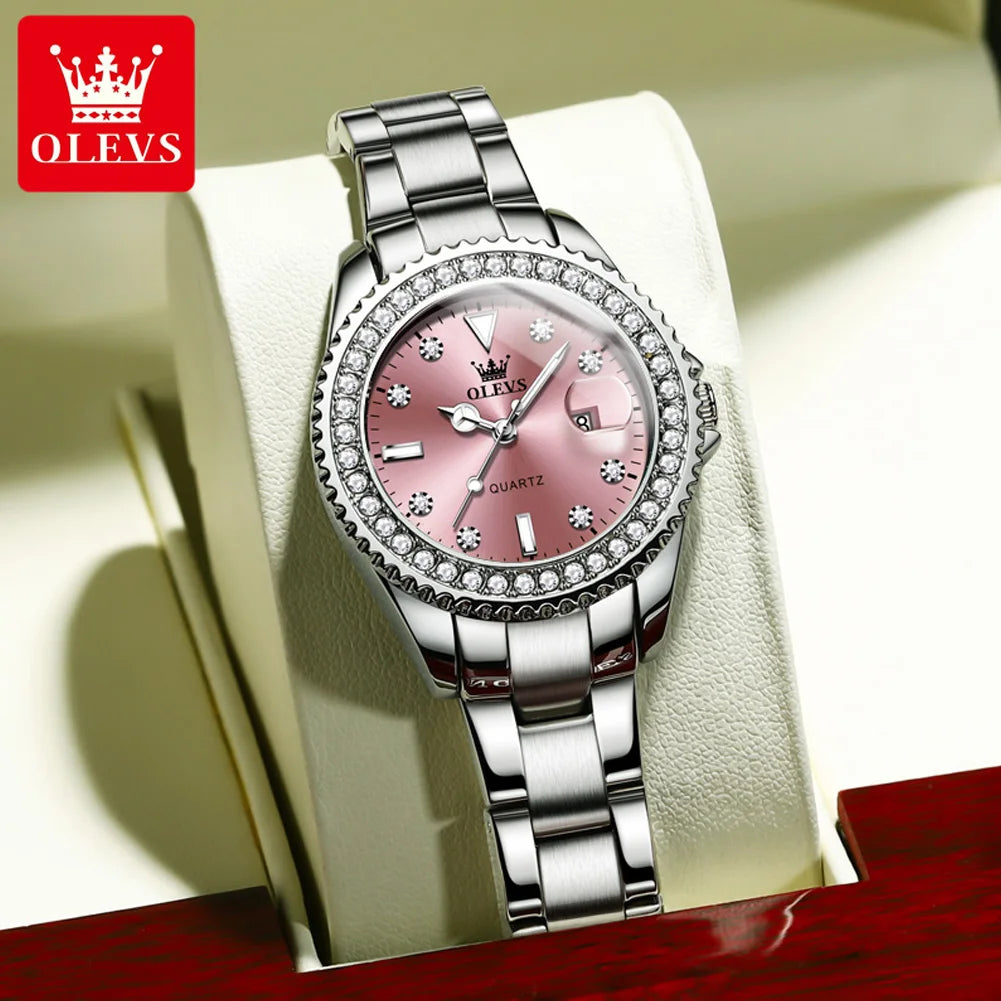 OLEVS 9945 Montre à quartz originale de marque supérieure pour femmes Montre-bracelet de luxe à calendrier à diamants en acier inoxydable pour femmes