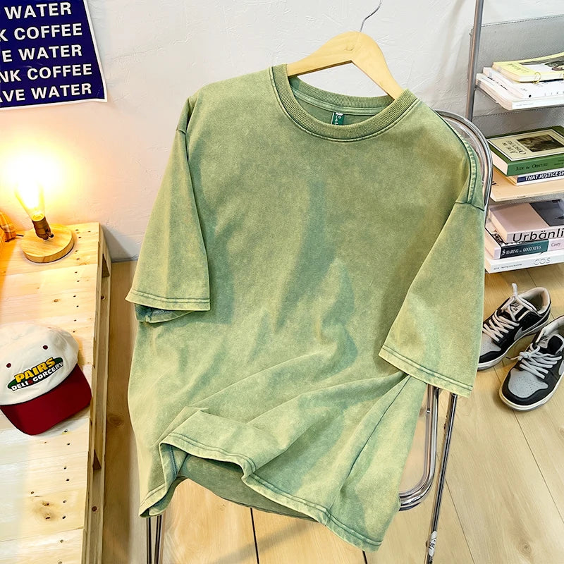 T-shirts Homme Femme Vintage Flocon de Neige Point Couleur Unie 100% Coton Manches Courtes Lavage à l'Eau Vieille Rue Hip Hop