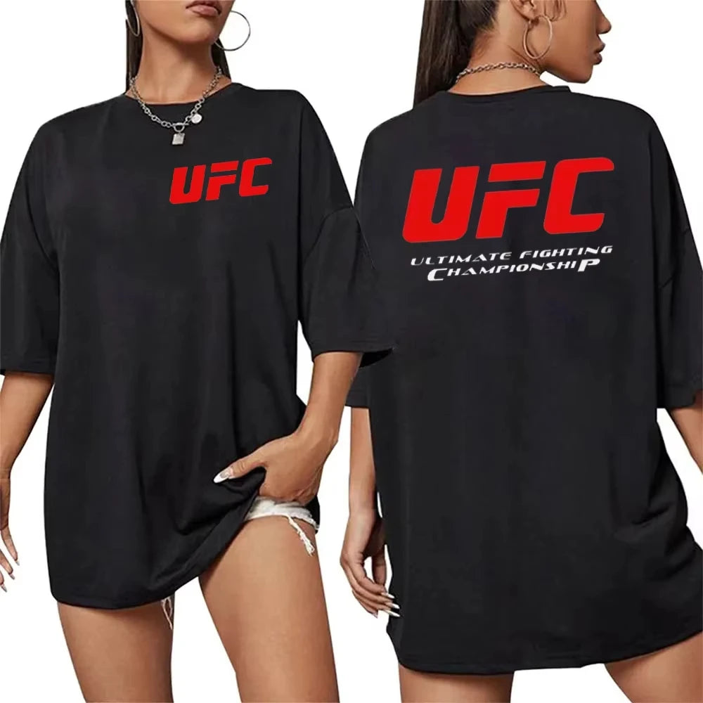 T-shirt de combat avec logo UFC en coton surdimensionné à manches courtes, streetwear classique, produit dérivé pour les fans, haut unisexe décontracté pour la gym et le fitness, style rétro.