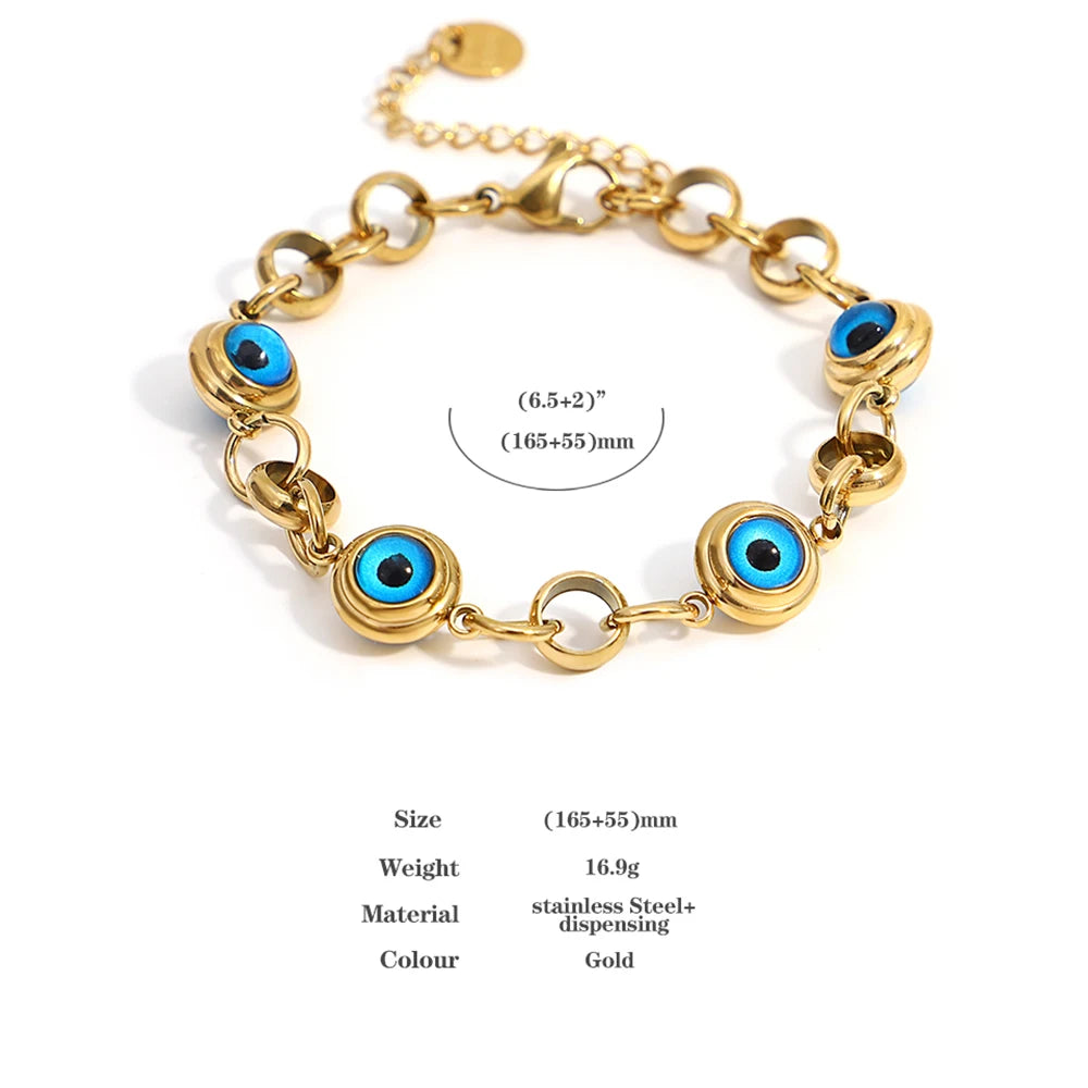 Greatera Lucky Turkish Evil Eye Beads Chain Stainless Steel Bracelets for Women Gold Plated Charm Waterproof Jewelry