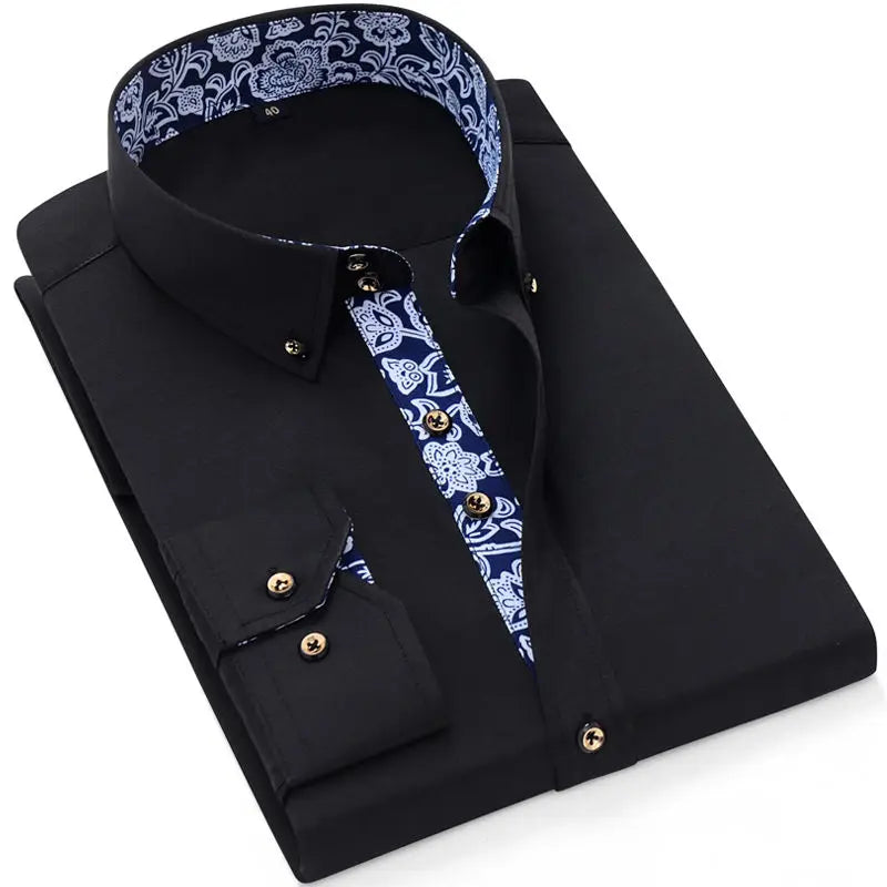 Chemise à col en porcelaine bleue et blanche pour homme à manches longues de style coréen, coupe slim, décontractée, habillée, unie, en coton