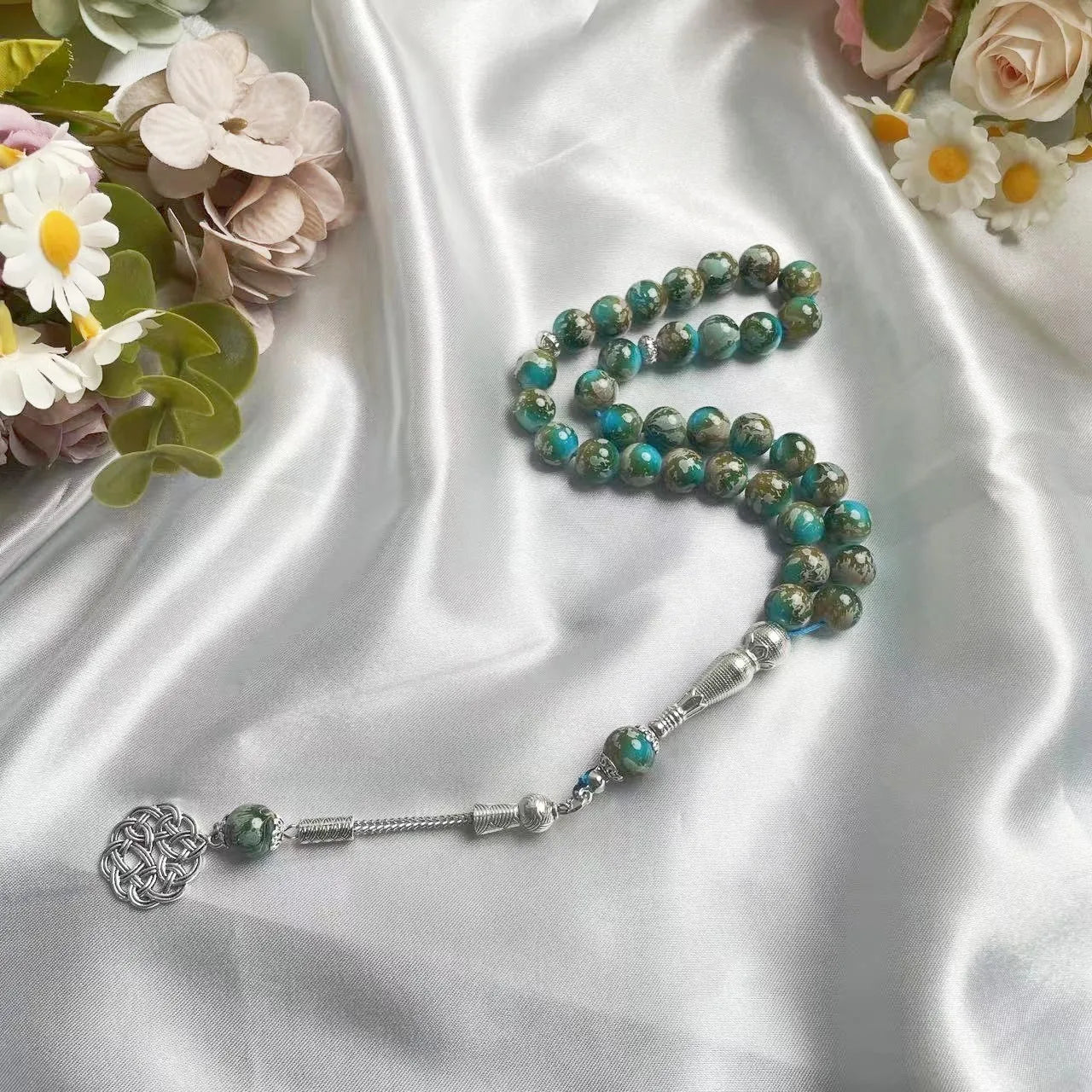 Green Veined Stone Islamic Prayer Beads Tesbih, Silver Celtic Knot Arabic Muslim Worship Rosary, Middle Eastern Jewelry Gift