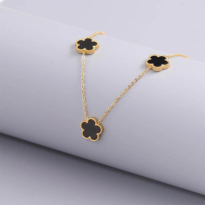 Collier en Acier Inoxydable Plaqué Or 14 Carats pour Femme, Pendentif Double Face Cinq Pétales de Fleur, Bijou Trèfle