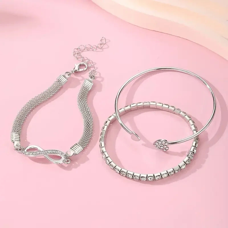 Lot de 3 bracelets en cristal strass cœur vintage pour femmes, à la mode, géométriques, ajustables, manchette infini, bijoux cadeau