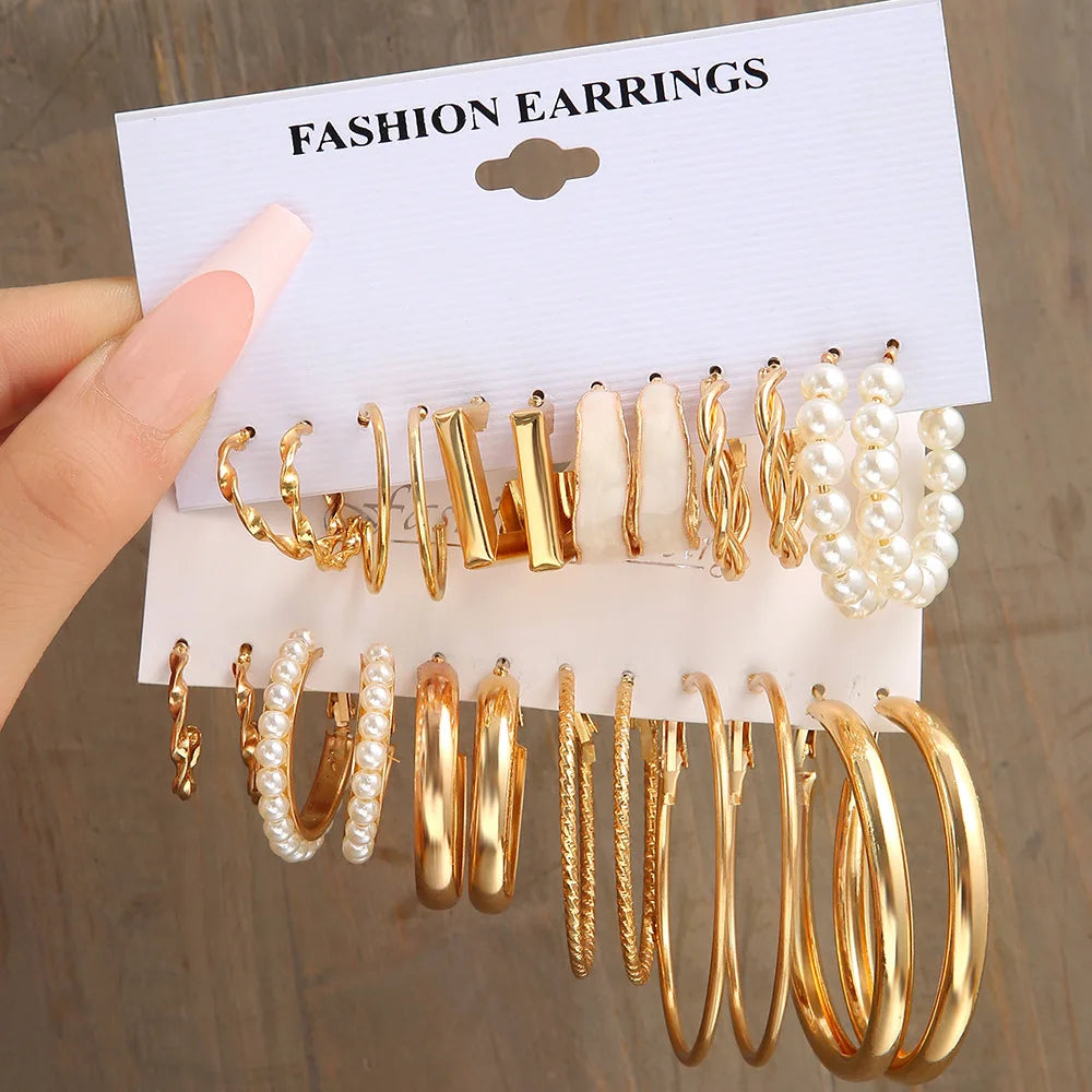 LATS Grand ensemble de boucles d'oreilles créoles bohèmes pour femmes, couleur or, style bohème, vintage, perle, boucles d'oreilles carrées, clous d'oreilles cœur en zircon, bijoux