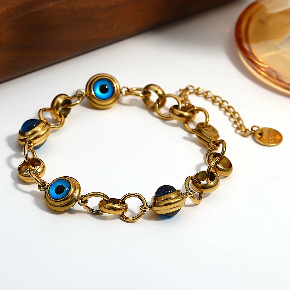 Greatera Lucky Turkish Evil Eye Beads Chain Stainless Steel Bracelets for Women Gold Plated Charm Waterproof Jewelry
