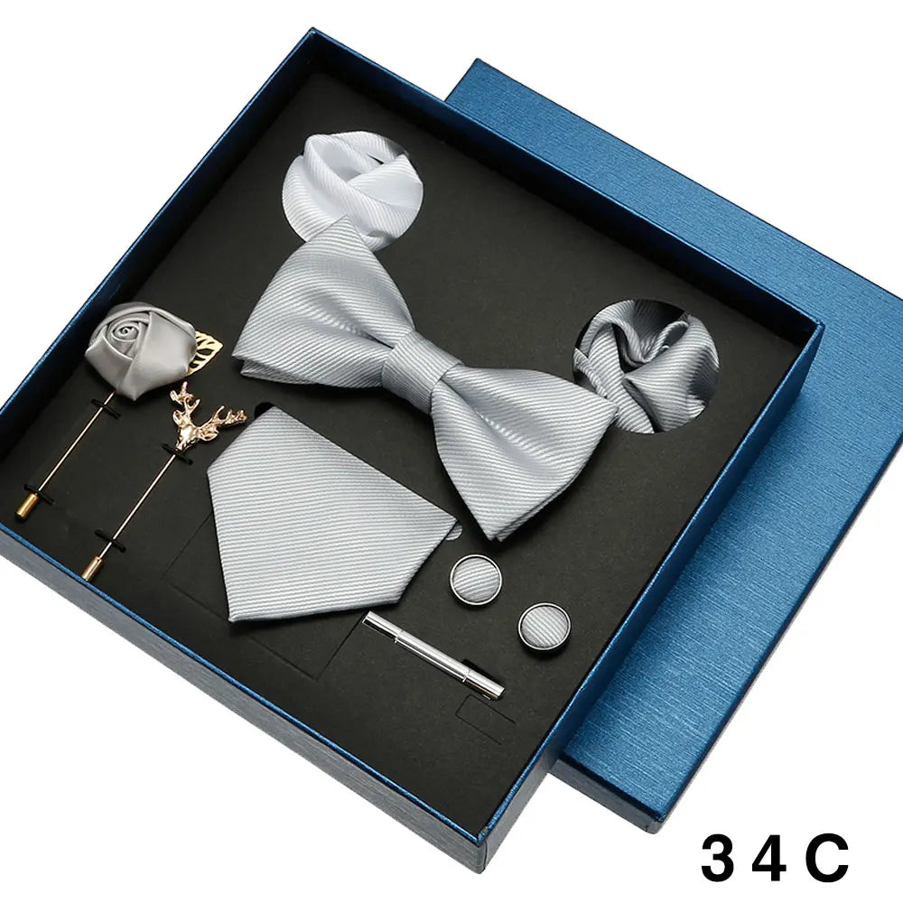 Cravate en soie pour hommes, nœud papillon, pochette, broches, boutons de manchette et pince à cravate pour hommes, accessoires de mariage rouge bordeaux, coffret cadeau