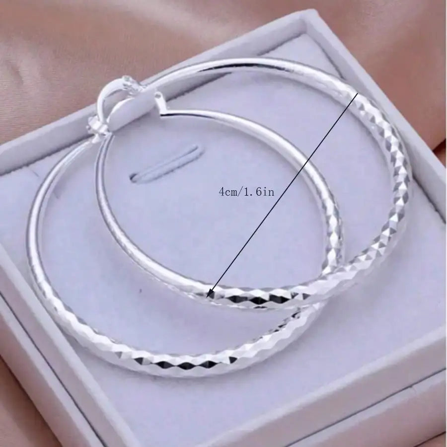 Silver Tone Faceted Hoop Earrings for Women, Elegant Jewelry Gift for Wedding or Party