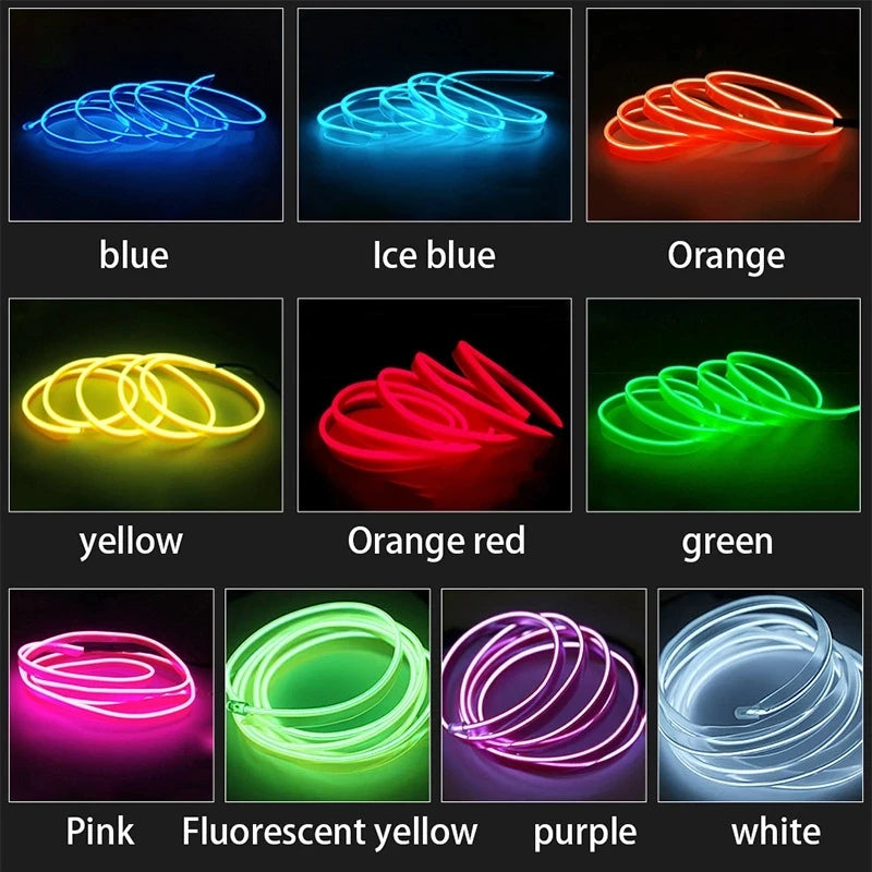Fil EL de voiture Lumière LED Ambiance intérieure Bande LED Éclairage néon Guirlande Corde Fil Tube Décoration Tube flexible Couleurs LED Auto