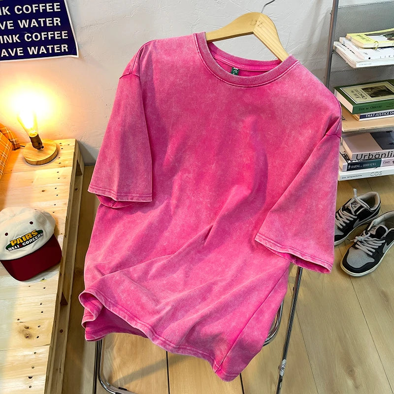 T-shirts Homme Femme Vintage Flocon de Neige Point Couleur Unie 100% Coton Manches Courtes Lavage à l'Eau Vieille Rue Hip Hop