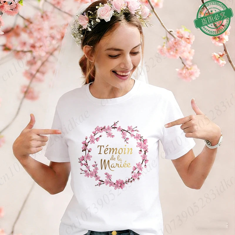 T-shirts assortis pour la future mariée et sa Team, T-shirts à manches courtes col rond imprimés fleurs de cerisier, pour enterrement de vie de jeune fille & EVJF