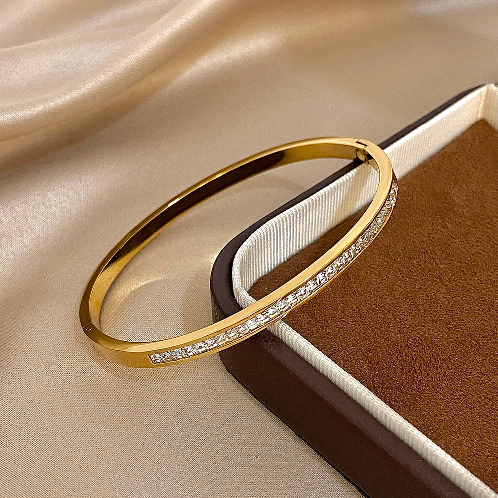 Glossy Rhinestone Stainless Steel Bangles Bracelets for Women Fashion Gold Silver Color Stacked Cuff Bracelet Jewelry Gifts