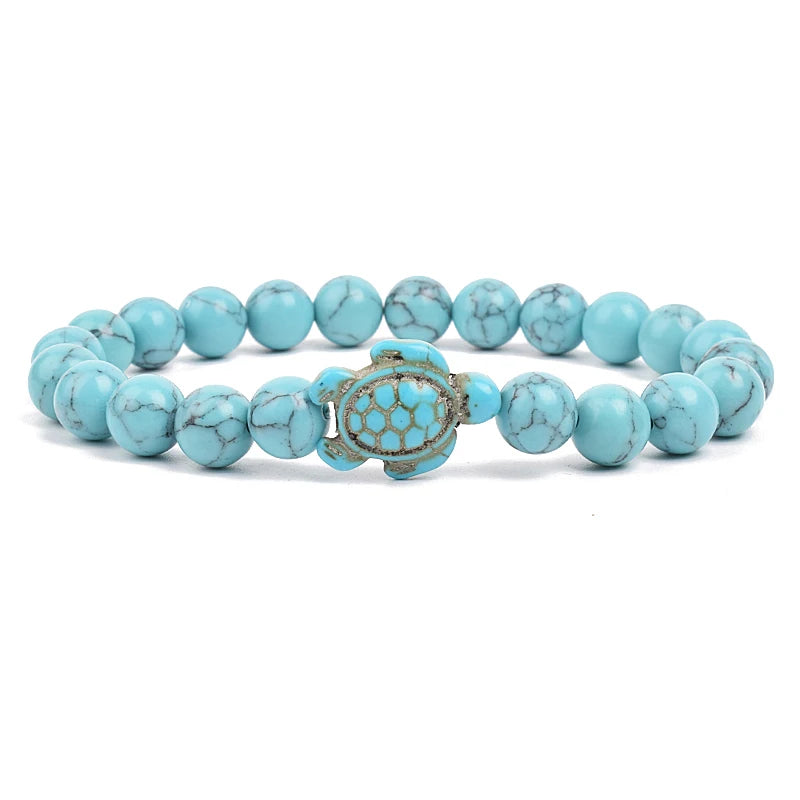 Bracelet perles tortues de mer 8 mm Turquoise Pierre Naturelle Élastique Extensible Femmes Hommes Amitié Bijoux d'Été Plage Cadeaux