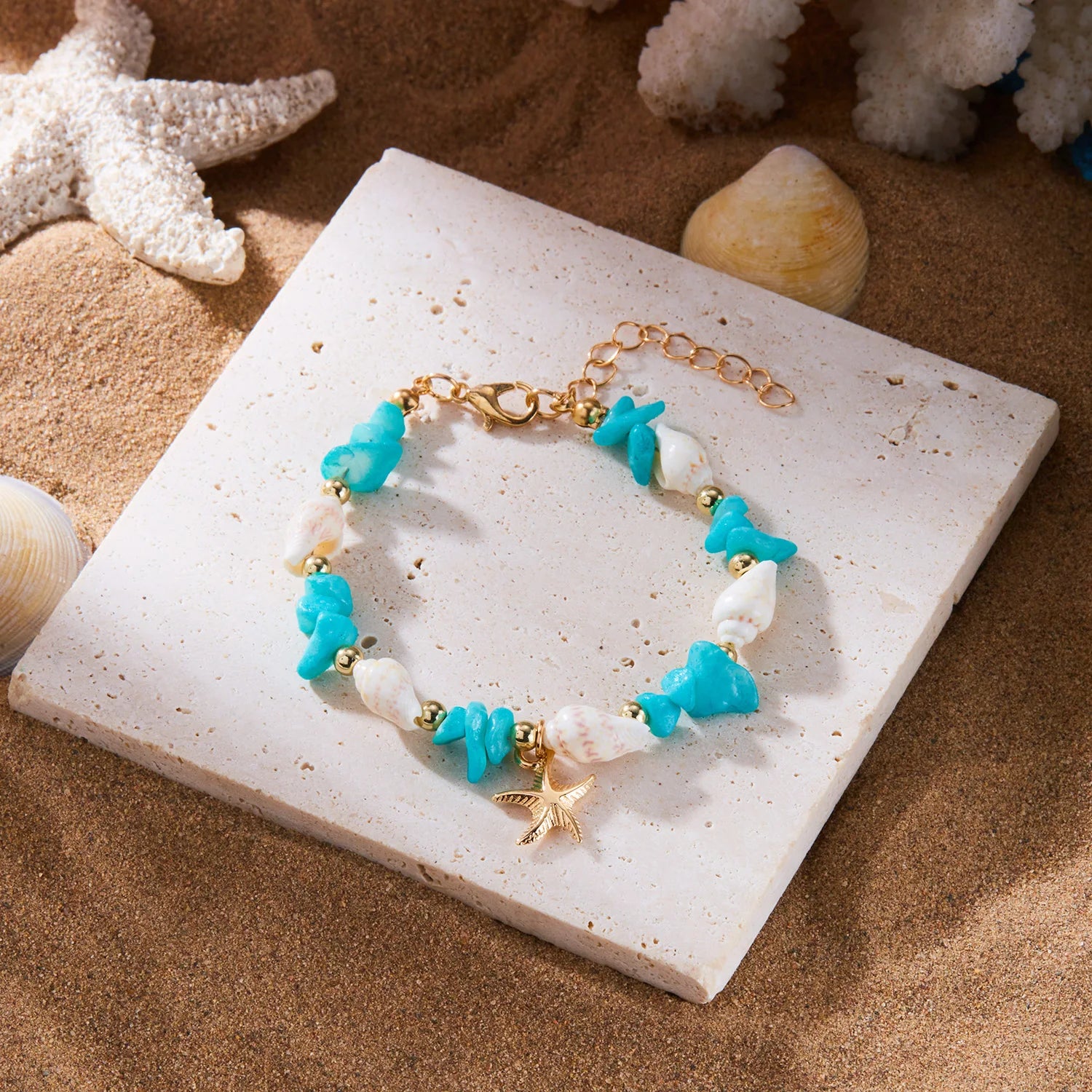 Bracelet Pendentif Étoile de Mer Bohème pour Femme, Bracelet Perlé en Pierres Concassées Fait à la Main, Bijou de Plage d'Été, Accessoire de Voyage, Cadeau