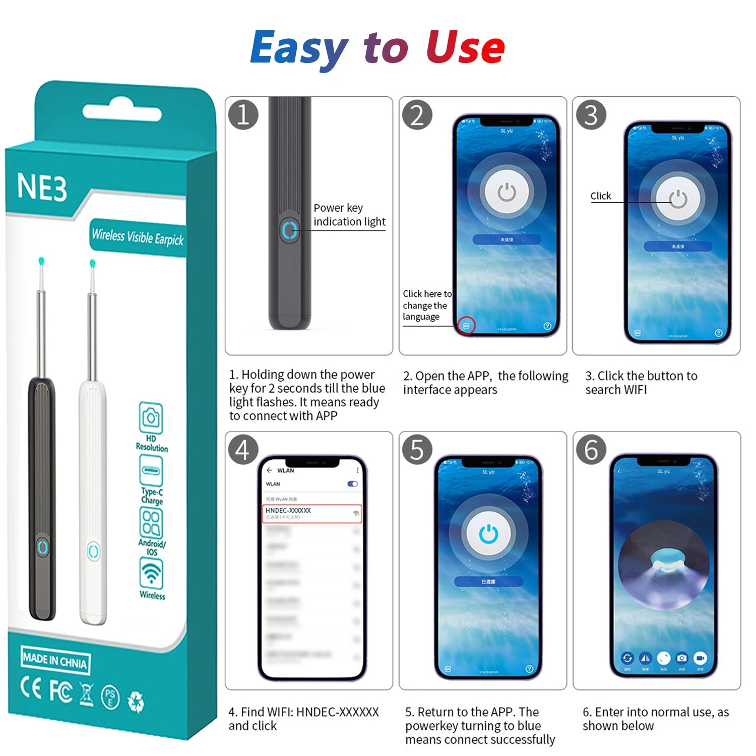 منظف الأذن البصري الذكي HD، عيدان الأذن، منظار الأذن، شحن USB-C، أداة إزالة الشمع بالمنظار، أداة تنظيف الأذن، مجموعة العناية الصحية بكاميرا صغيرة