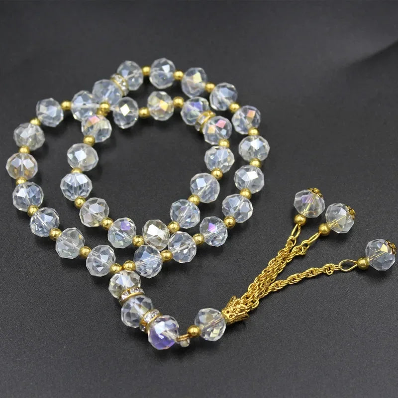 10mm 33 Beads Tasbih Crystal Glass Bracelet Muslim Rosary Tassel Prayer Beads Islamic Tasbeeh Masbaha Meditation for Women Men