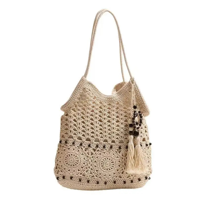 Sac fourre-tout en crochet pour femme, sac à main en maille ajourée blanche avec pampille perlée, longues bretelles réglables, sac de plage bohème