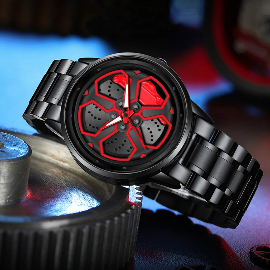 VA VA VOOM Brand Men Creative Wheel Turntable Watch Stainless Steel Black Quartz Movement 42mm Waterproof Sports Gift Wristwatch
