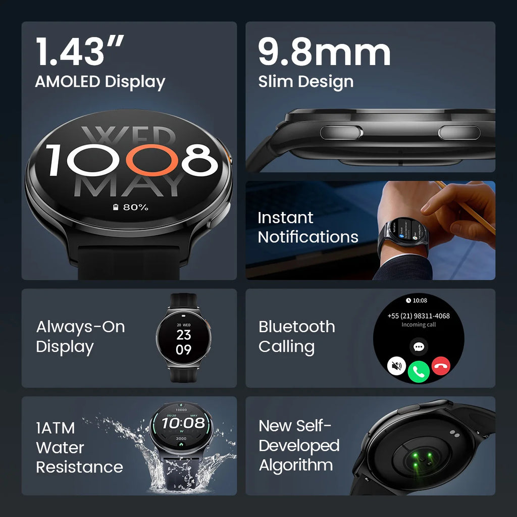 Montre connectée HAYLOU Solar Lite 2 Écran AMOLED 1,43'' Surveillance de la santé 24h/24 150+ modes sportifs Appel vocal Montre connectée 1ATM