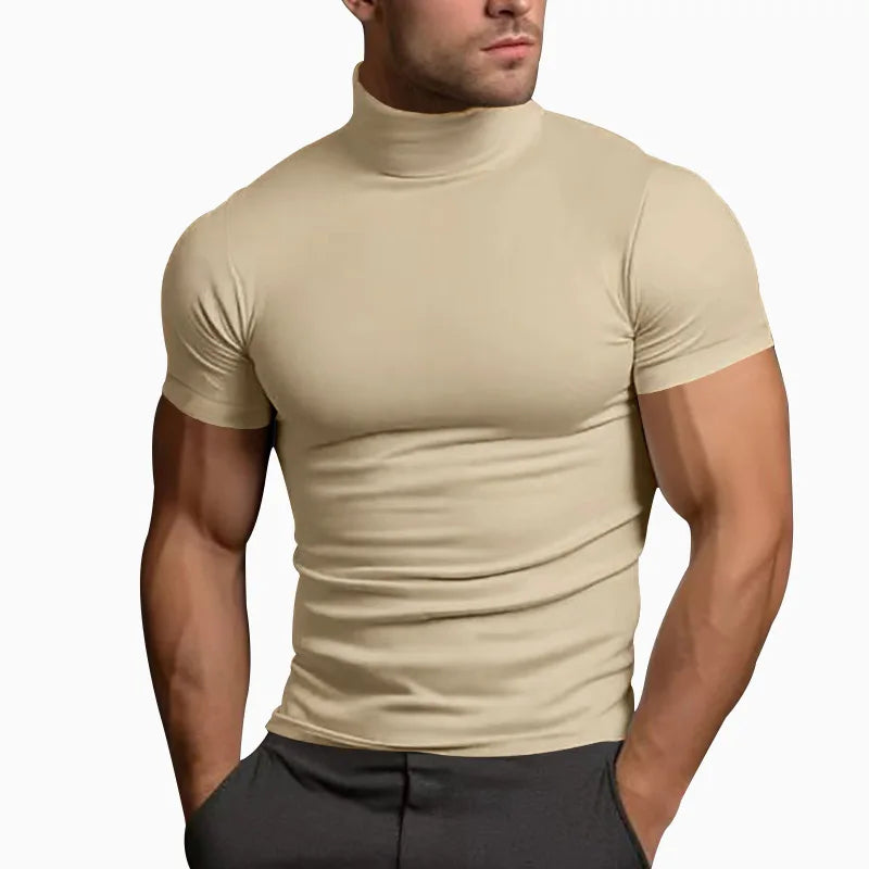 T-shirt à col roulé serré pour homme, couleur unie, mode, manches courtes, été 2024, Amazon transfrontalier
