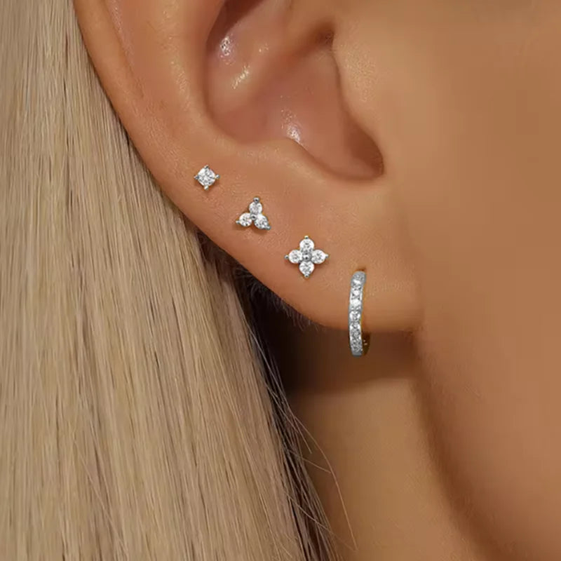 Lot de 4 paires de boucles d'oreilles rondes plaquées or 18 carats avec fleurs, en acier inoxydable et zircon, style punk, pour femmes, bijoux tendance, aretes