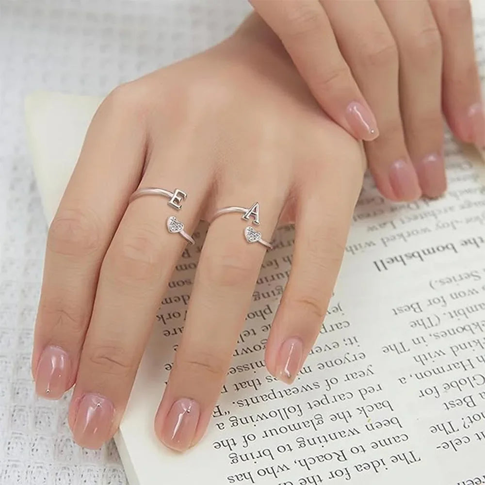 Fansilver Bagues initiales en argent sterling 925, bagues empilables réglables en forme de cœur, jolies bagues alphabétiques en forme de cœur, cadeau pour elle