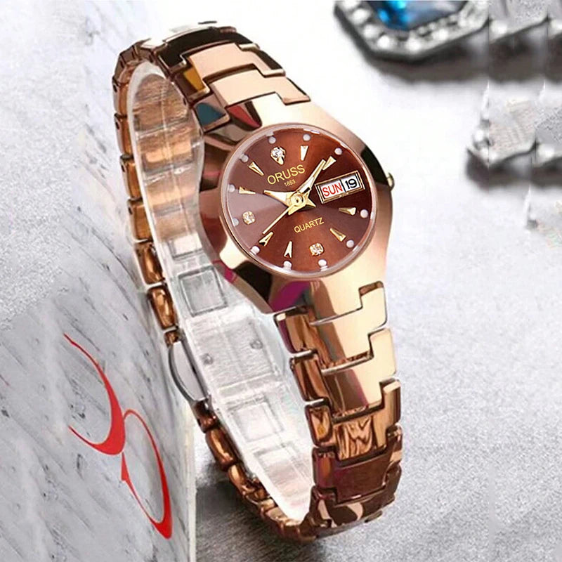 Montre Femme ORUSS de marque tendance, en acier inoxydable de haute qualité, étanche, avec aiguille lumineuse, calendrier de la semaine, élégance, montre à quartz pour femme.