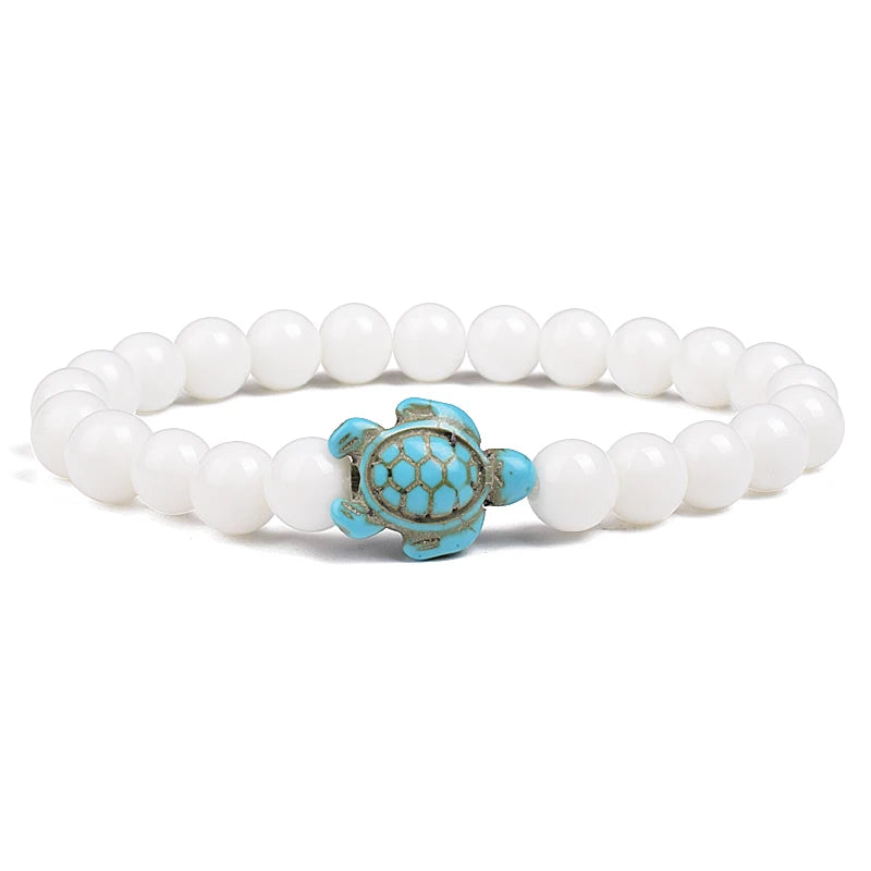 Bracelet perles tortues de mer 8 mm Turquoise Pierre Naturelle Élastique Extensible Femmes Hommes Amitié Bijoux d'Été Plage Cadeaux