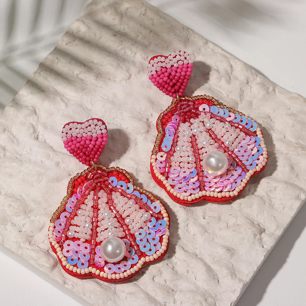 AENSOA Boucles d'oreilles pendantes bohèmes en forme d'étoile de mer, de homard et de conque avec perles pour femme, fabriquées à la main, bijoux d'été sur le thème des animaux marins