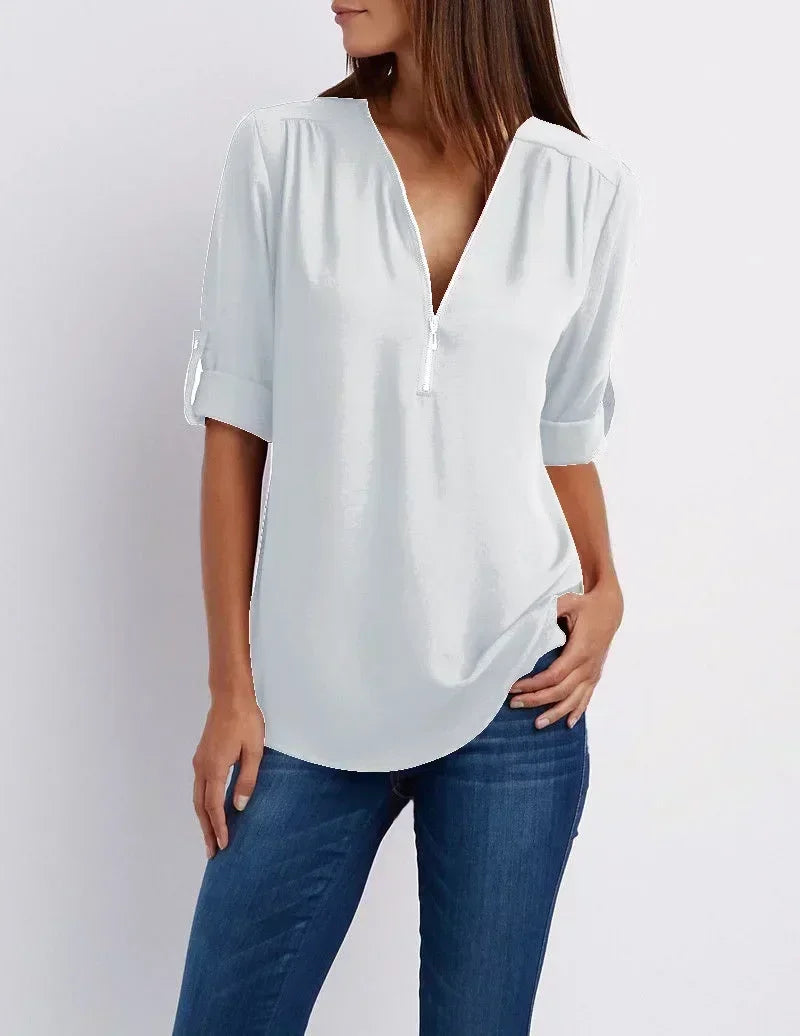Chemise ample d'été pour femmes Col en V profond Blouse en mousseline Décontracté Tops pour femmes Sexy Fermeture éclair Pull Grande taille Manches longues Tendance