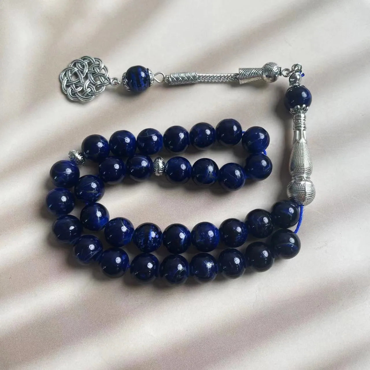 Green Veined Stone Islamic Prayer Beads Tesbih, Silver Celtic Knot Arabic Muslim Worship Rosary, Middle Eastern Jewelry Gift