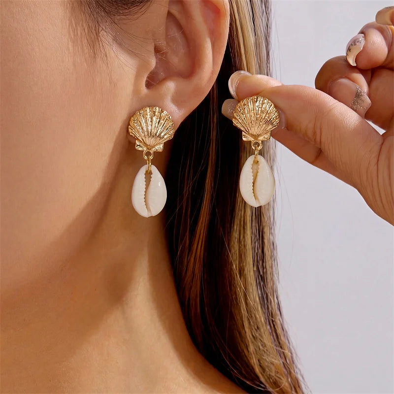 Boucles d'oreilles pendantes étoile de mer coquillage style Bohème Océan pour femmes, Conque de bord de mer, boucles d'oreilles perle, Bijoux de charme pour fête à la plage