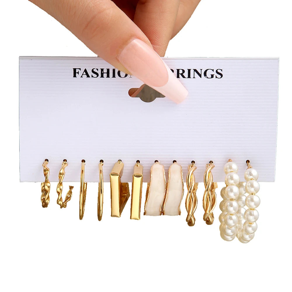 LATS Grand ensemble de boucles d'oreilles créoles bohèmes pour femmes, couleur or, style bohème, vintage, perle, boucles d'oreilles carrées, clous d'oreilles cœur en zircon, bijoux