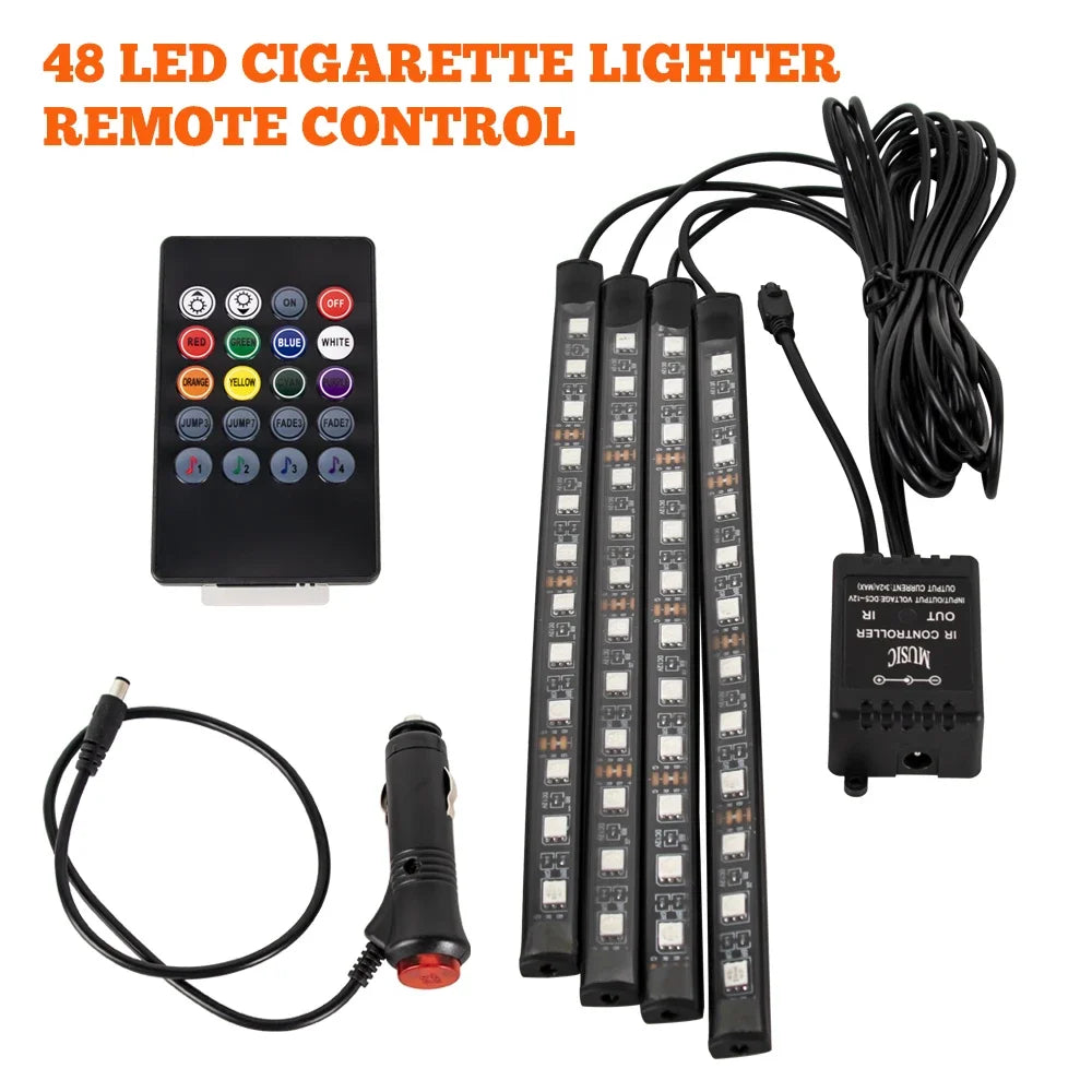 Lampe d'ambiance LED pour voiture avec USB, télécommande sans fil, contrôle musical, modes multiples, lumières décoratives intérieures pour automobile