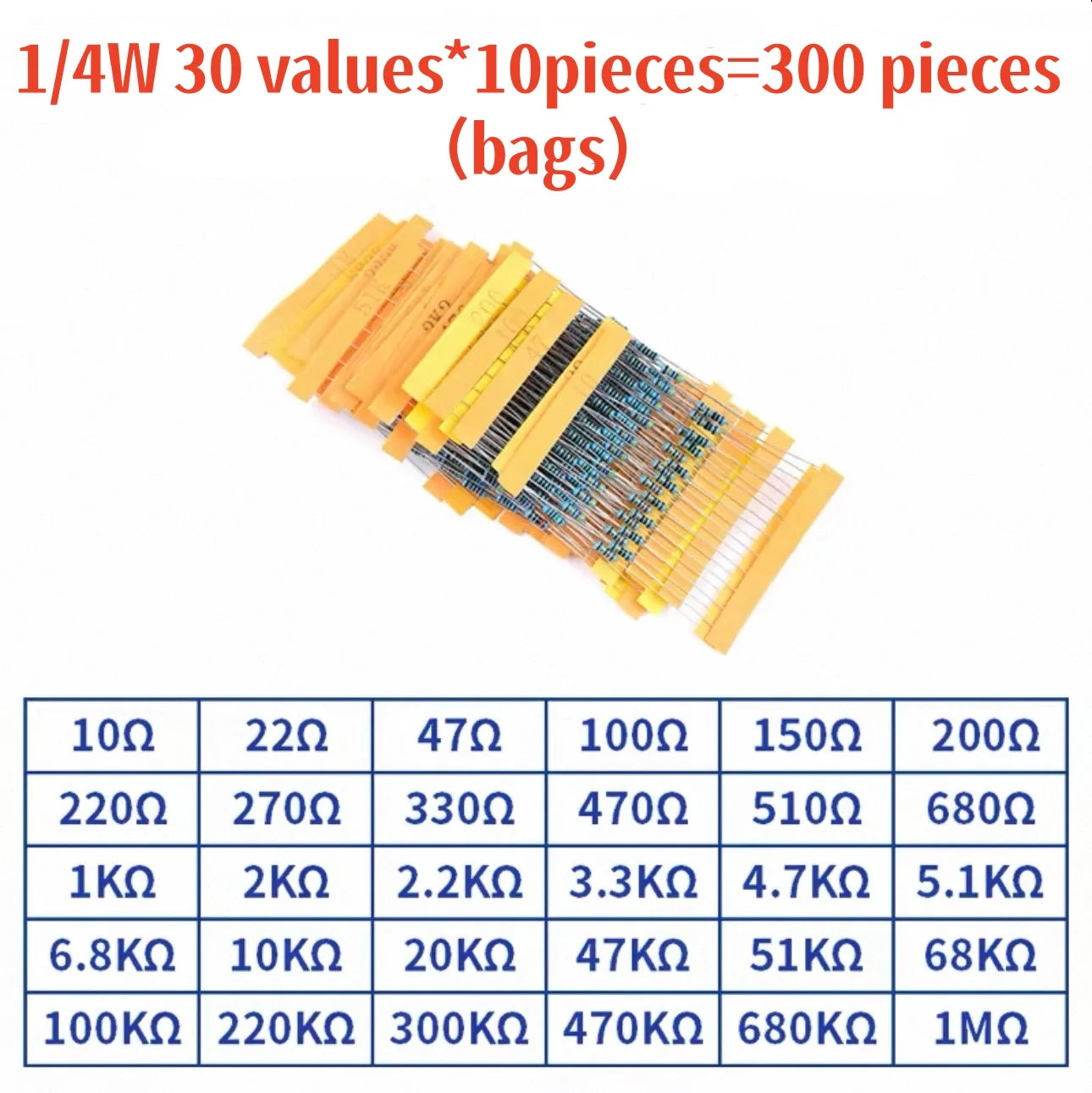 300 pcs/600 pcs/820 pcs Kit de résistances 1 % 1/4 W à film métallique, 10 Ohms ~ 1 M Ohms, 30 valeurs, Kit de composants électroniques