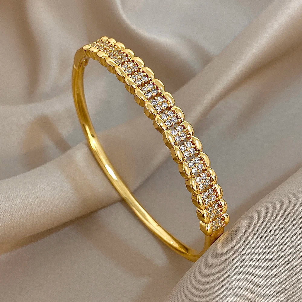 Bracelet et bague manchette multicouche de luxe en zircon micro-incrusté pour femmes, bracelets et bagues en cuivre plaqué or élégants, bijoux de mode