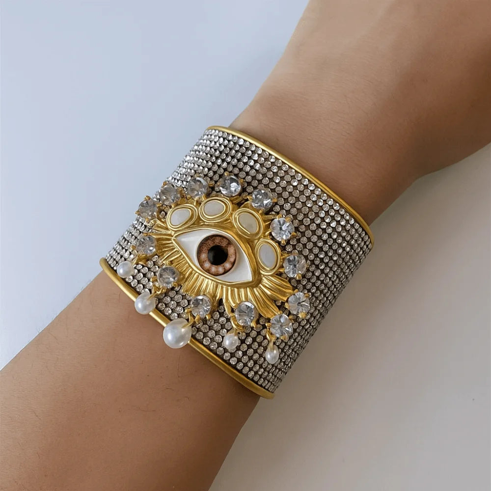 Bracelet jonc large exagéré en métal, alliage, œil de démon vintage, style européen et américain, géométrique doré