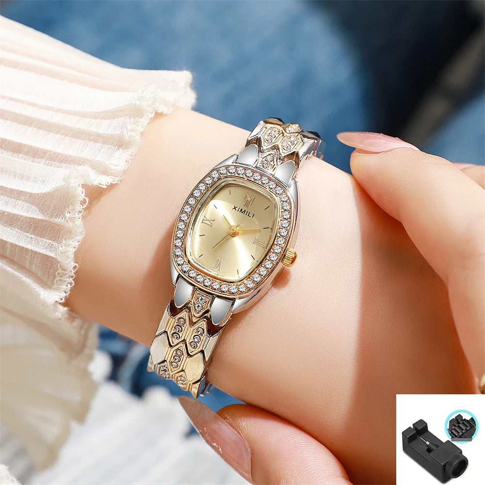 Montre à quartz de luxe pour femme, plaquée or, mode, simple, chiffres romains, tonneau, acier inoxydable, montre d'affaires, bracelet à boucle de qualité