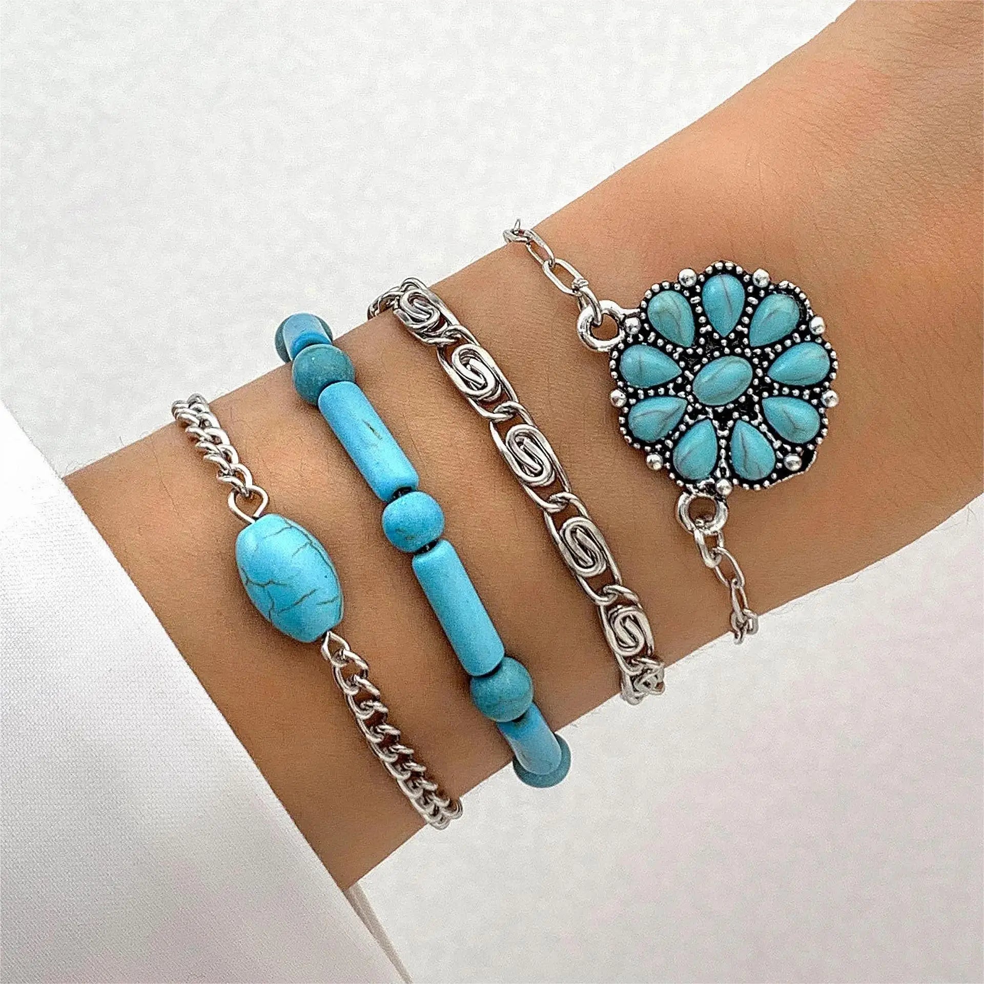KMVEXO Lot de 5 bracelets vintage bohèmes incrustés de turquoise pour femme Style ethnique Fleur Plume Manchette Bracelet Joncs Bijoux Bohème