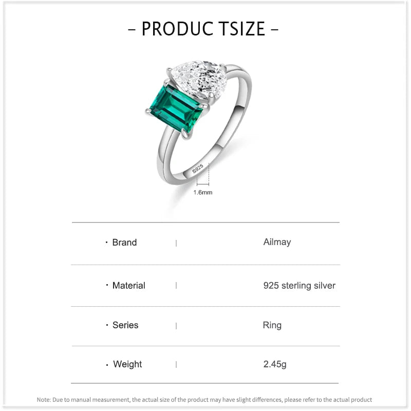 Ailmay Bague Femme en Argent Sterling 925 Tendance Zircon Vert Rectangle Éblouissant Forme Goutte d'Eau Bijoux Fins de Mariage de Luxe