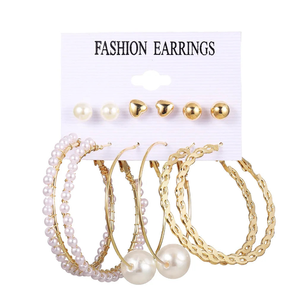 LATS Grand ensemble de boucles d'oreilles créoles bohèmes pour femmes, couleur or, style bohème, vintage, perle, boucles d'oreilles carrées, clous d'oreilles cœur en zircon, bijoux