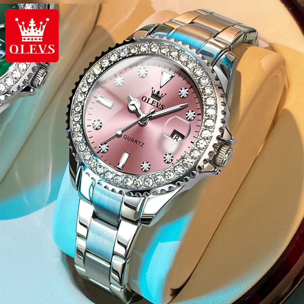 OLEVS 9945 Montre à quartz originale de marque supérieure pour femmes Montre-bracelet de luxe à calendrier à diamants en acier inoxydable pour femmes