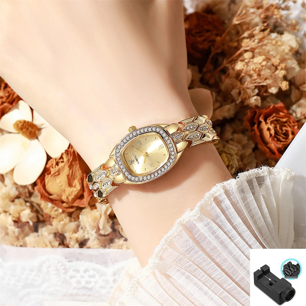 Montre à quartz de luxe pour femme, plaquée or, mode, simple, chiffres romains, tonneau, acier inoxydable, montre d'affaires, bracelet à boucle de qualité