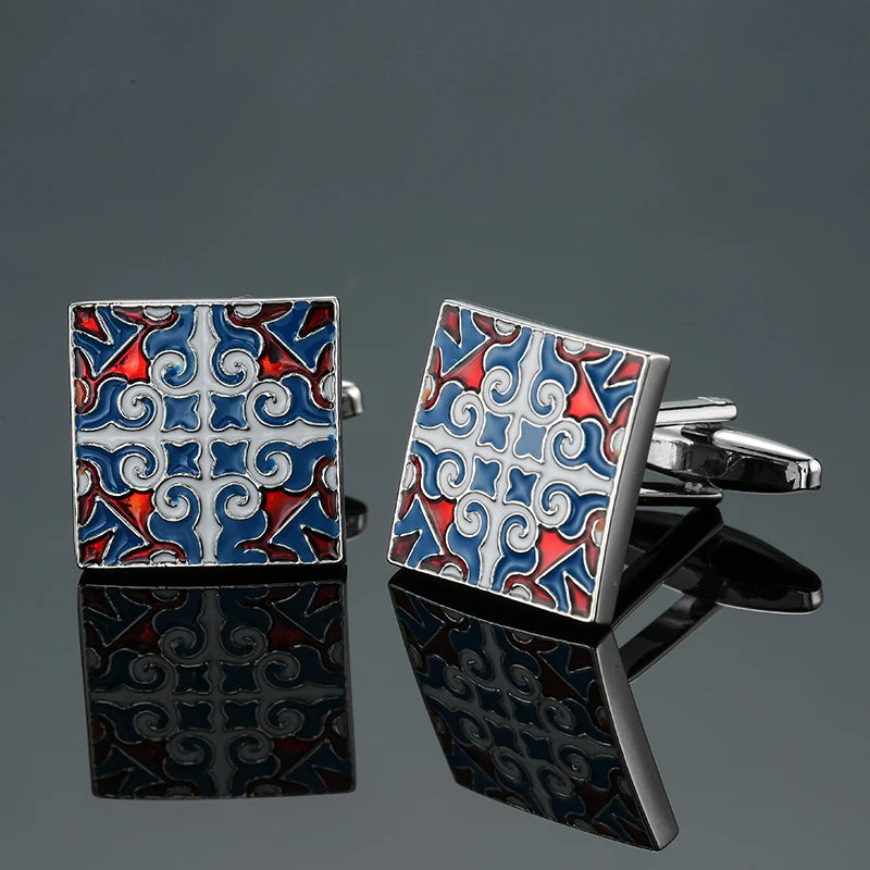 Boutons de manchette pour chemise française classique pour hommes Bouton de manchette carré rétro haut de gamme motif rose amour bleu Accessoires de costume d'affaires bijoux