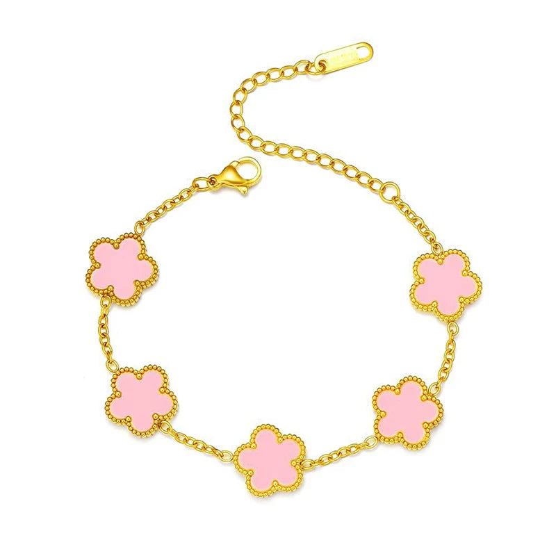 Collier en Acier Inoxydable Plaqué Or 14 Carats pour Femme, Pendentif Double Face Cinq Pétales de Fleur, Bijou Trèfle