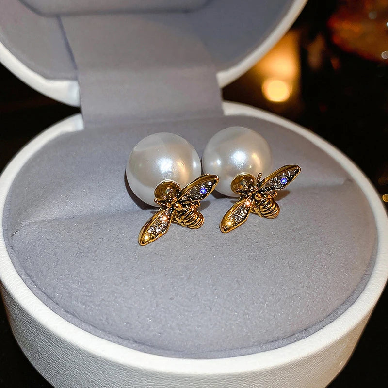 Boucles d'oreilles clous abeille insecte perle de charme vintage pour femmes tempérament exquis couleur or zircon bijoux fête accessoires cadeau
