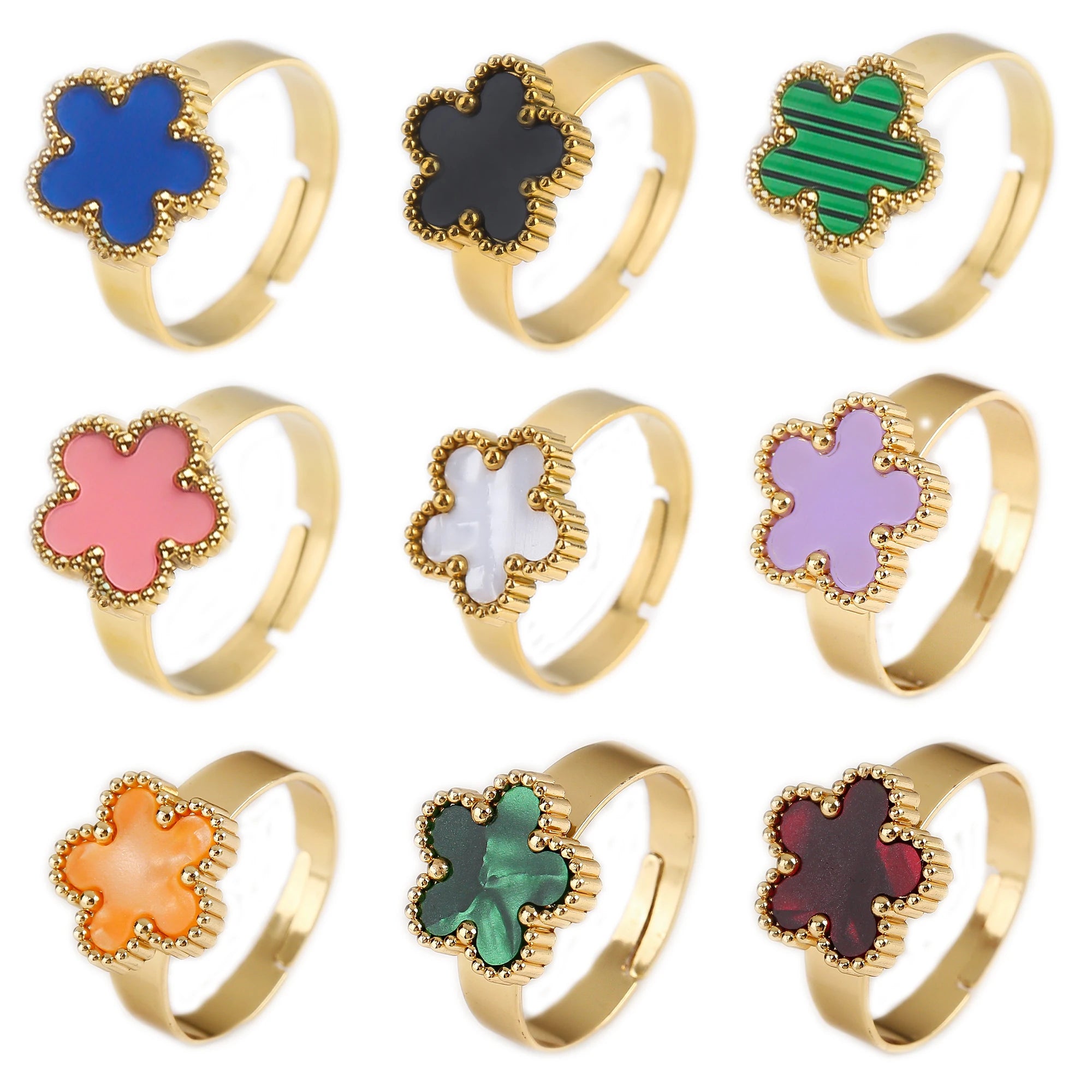 Bague Ouverte Ajustable Simple en Acier Inoxydable Fleur à Cinq Feuilles Tendance pour Femme Fête Mariage Bijoux Accessoires Trèfle