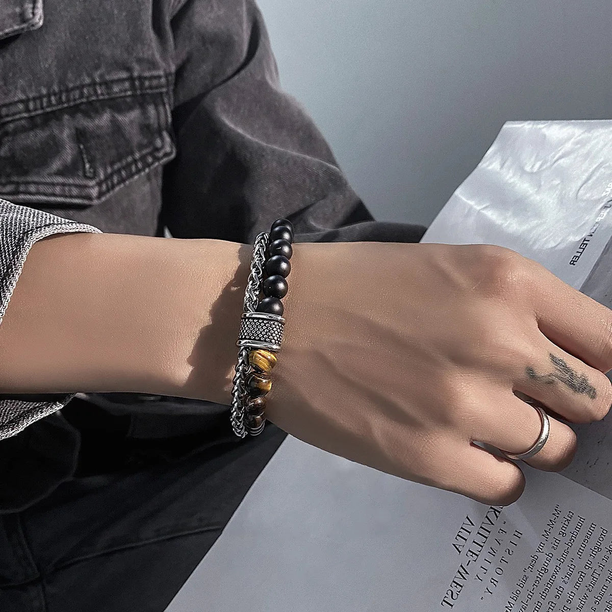 HNSP Chapelet Perles Œil de Tigre Acier Inoxydable Chaîne de Main Bracelet de Jonction pour Hommes Protéger Bijoux Accessoires Homme