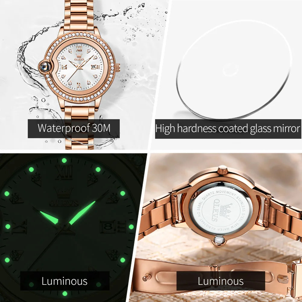 OLEVS 5588 Women's Watches Original Luxury Quartz Ladies Watch Diamond Bezel Wristwatch Waterproof Automatic Date Reloj Mujer
